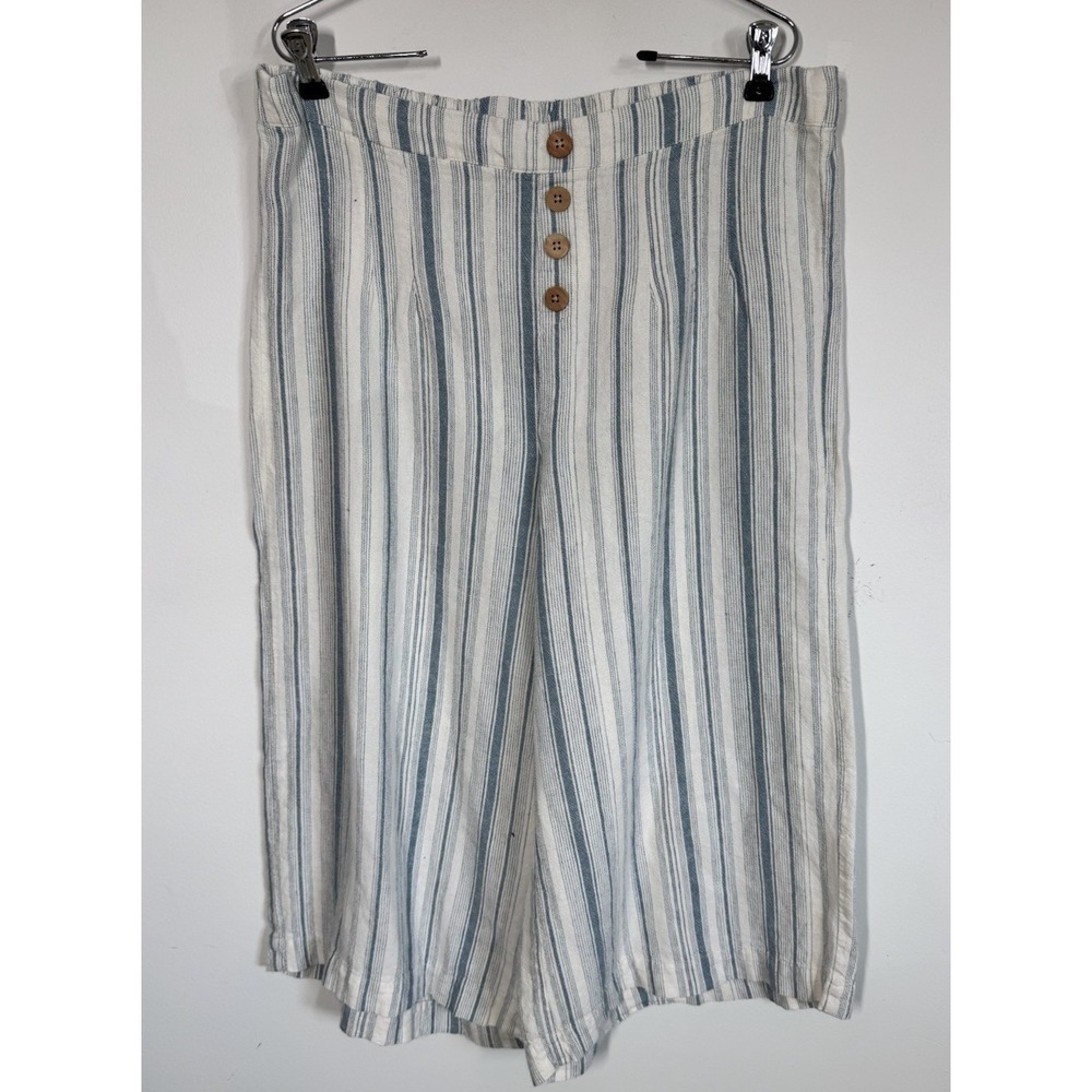 Vanilla Star Blue Striped Wide Leg Pull On Cropped Linen Blend Pants‎ Women's XL